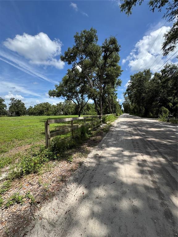 A dirt road runs alongside a wooden fence bordering a grassy field with large trees — 6845 LUMBERTON ROAD, ZEPHYRHILLS, FL