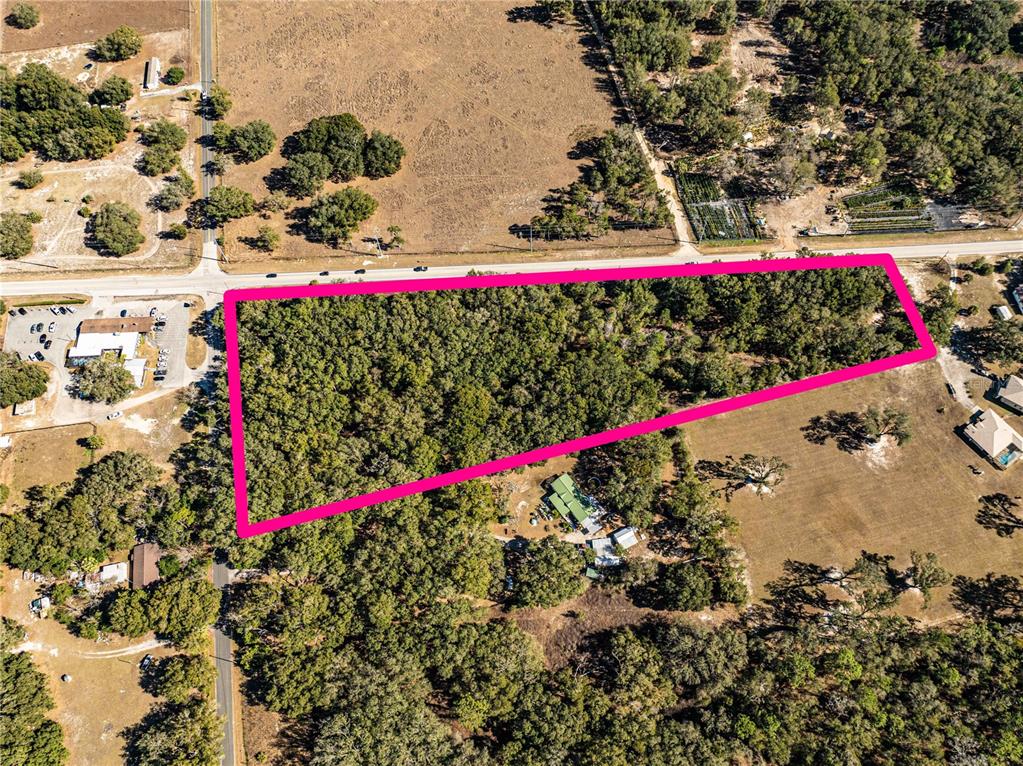 An aerial view shows a wooded lot outlined in pink next to a paved road — 000 S HWY 25, WEIRSDALE, FL