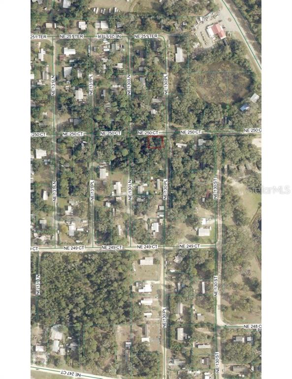 This is an aerial map showing a residential lot outlined in red — TBD NE 130 PLACE, SALT SPRINGS, FL