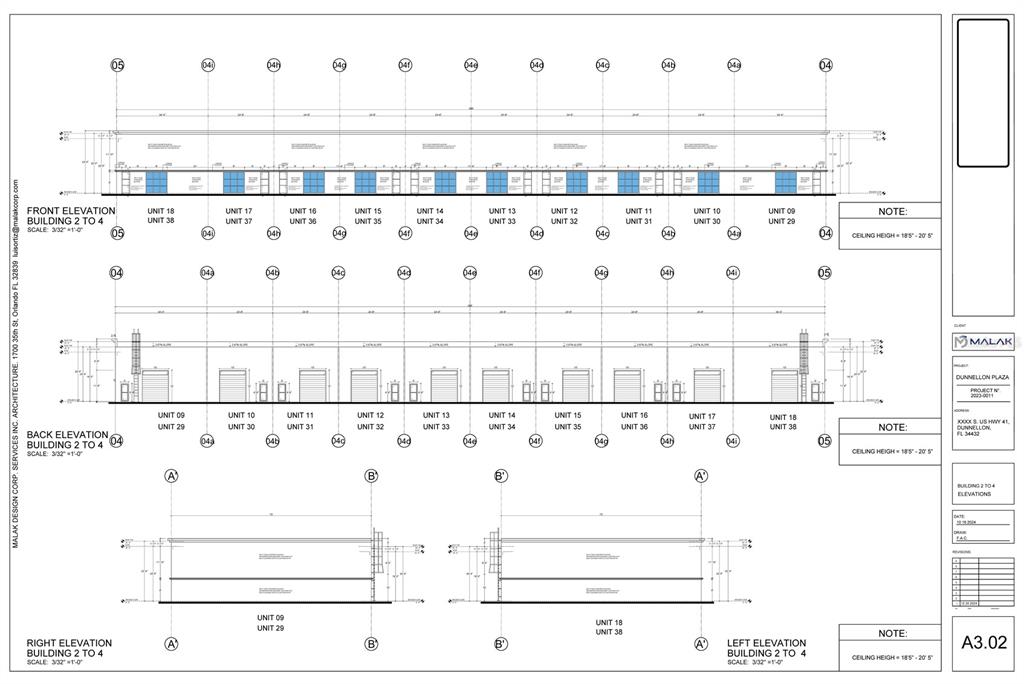 This architectural rendering shows the front, back, left, and right elevations for a commercial building — TBD US HWY 41, DUNNELLON, FL