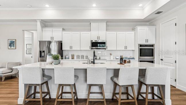 A modern kitchen features white cabinetry, a large island with four stools, and stainless appliances — 30653 PRESTWICK AVENUE, SORRENTO, FL