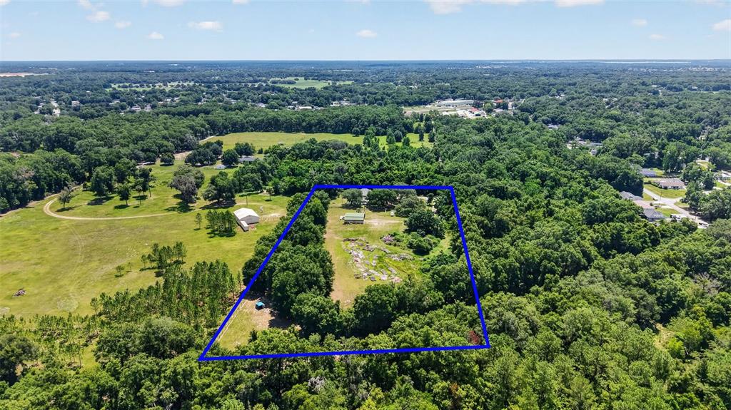 An aerial view shows a rectangular property outlined in blue, featuring trees and a building — 12176 SE US HWY 441 HIGHWAY, BELLEVIEW, FL