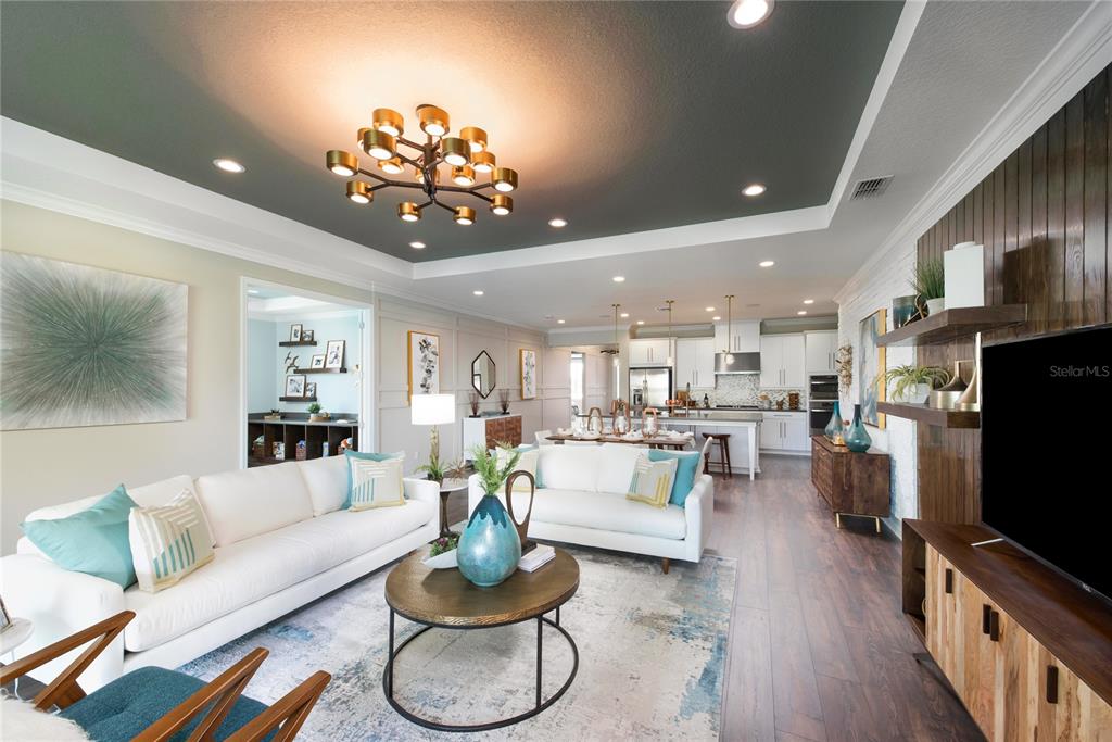 A living room with white sofas, a round coffee table, and a dark tray ceiling — 16224 ALPHA GROVE PLACE, ODESSA, FL