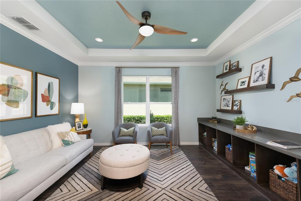 A living room features a tray ceiling, a light-colored sofa, two armchairs, and built-in shelving — 16224 ALPHA GROVE PLACE, ODESSA, FL