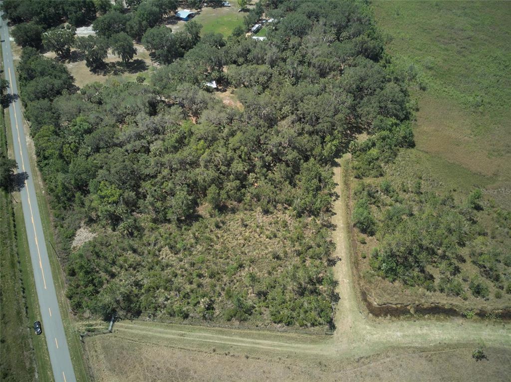 An aerial view shows a wooded lot bordered by a road and an open field — EMERALDA ISLAND ROAD, LEESBURG, FL