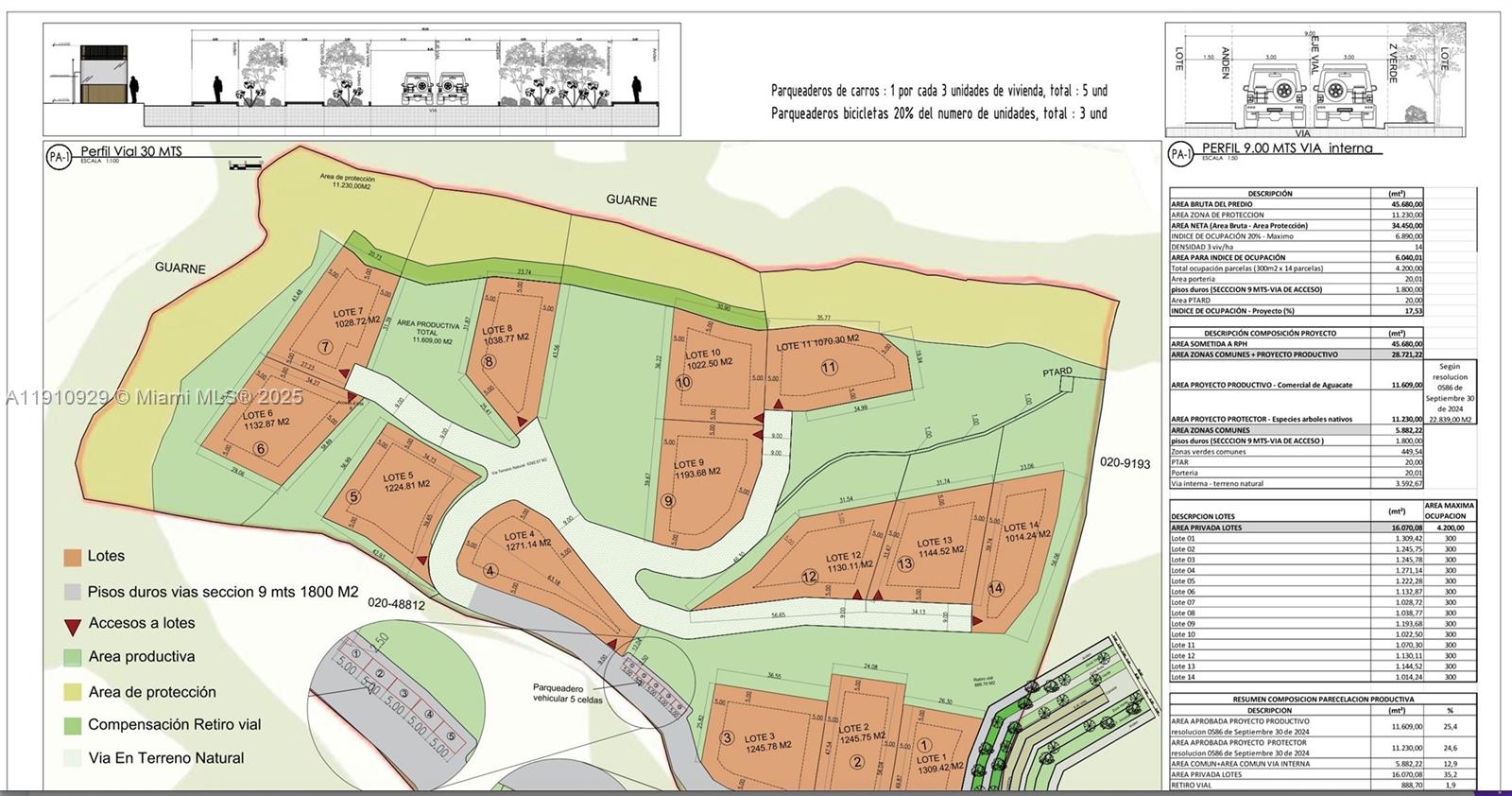 This is a land subdivision map showing fourteen residential lots, access roads, and protected areas — Vereda Mampuesto Sector Garrido #3, C Colombia, C