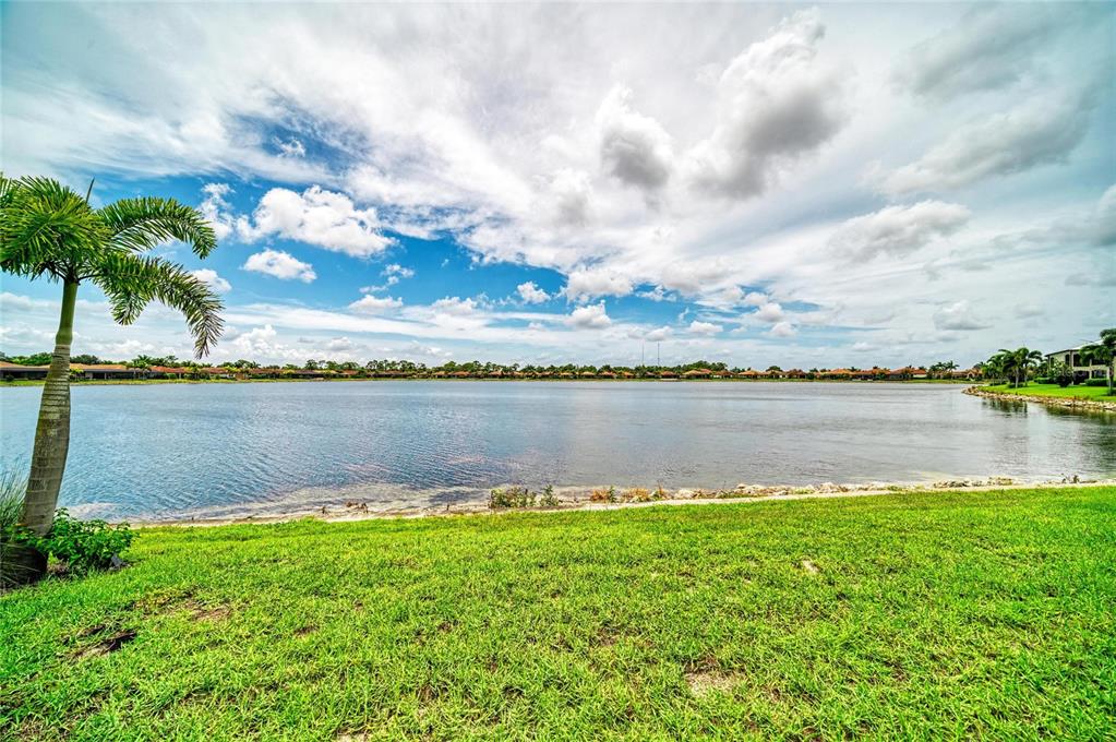 A view of a lake from a grassy backyard with a palm tree on the left — 289 VILLORESI BOULEVARD, NOKOMIS, FL