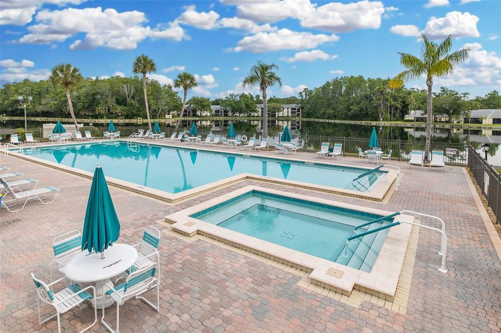 A swimming pool and hot tub on a brick patio overlooking a lake with palm trees — 3166 LAKE PINE WAY S UNIT A2, TARPON SPRINGS, FL