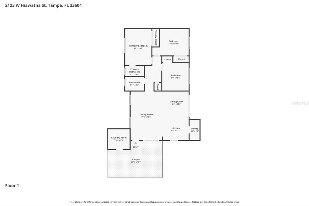 This is a floor plan for a single-story house with a carport and three bedrooms — 2125 W HIAWATHA STREET, TAMPA, FL