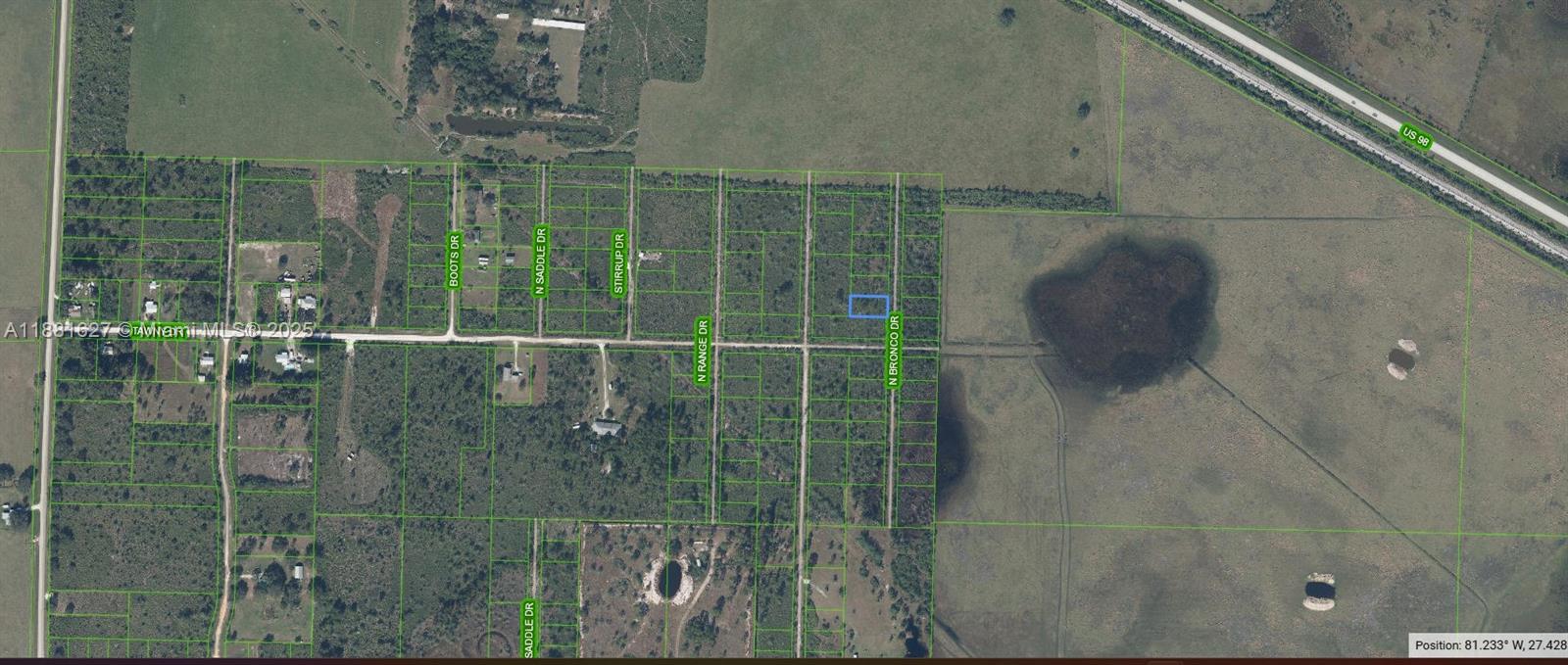 This is an aerial map showing a highlighted parcel of land near rural roads — 709 N Bronco Dr., Lorida FL 33857, LORIDA, FL
