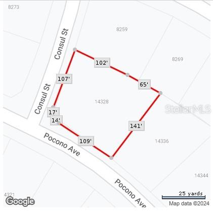 This is a map showing the property lines and dimensions of a corner lot — 14328 POCONO AVENUE, PORT CHARLOTTE, FL