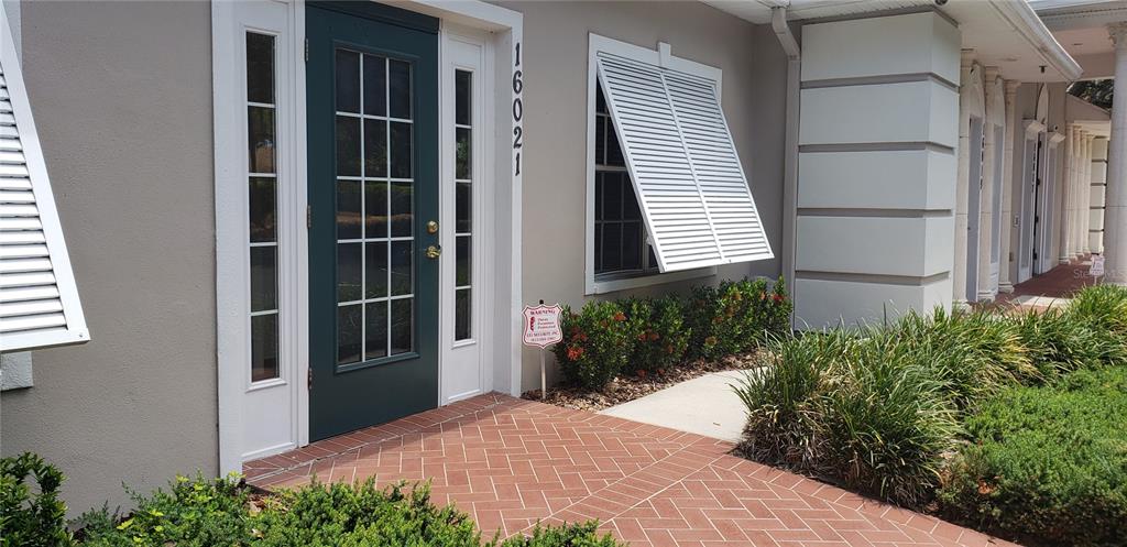 The exterior of a building features a dark green door, white shutters, and brick walkway — 16013 N FLORIDA AVENUE, LUTZ, FL