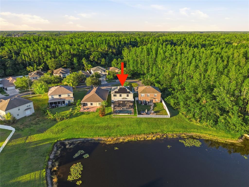 An aerial view shows a two-story house with a pool and screen enclosure near water — 18133 BAHAMA BAY DRIVE, TAMPA, FL