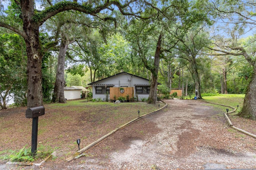 A single-story house with a gravel driveway sits among large trees in a wooded lot — 353 N ROBIN HOOD ROAD, INVERNESS, FL
