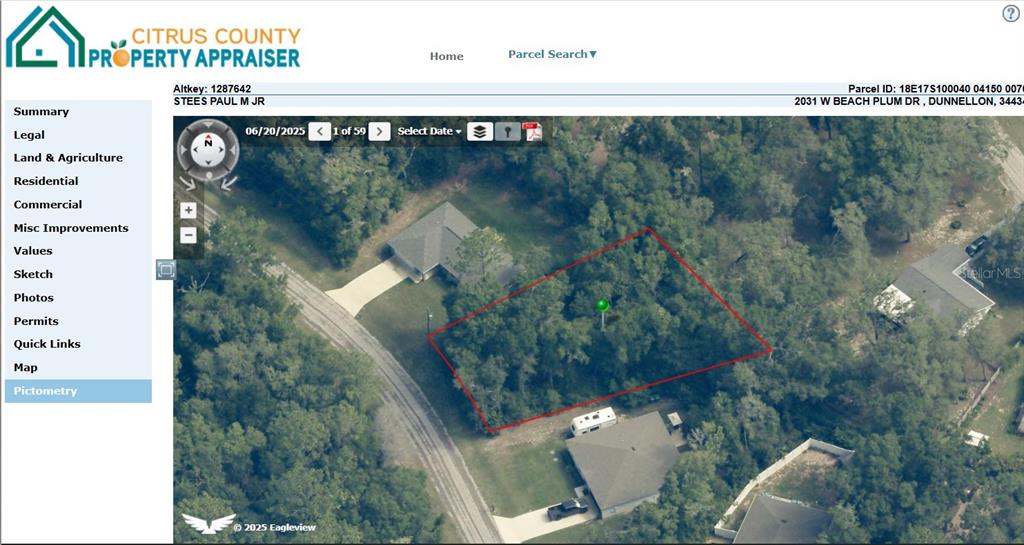 An aerial map view shows a wooded residential lot outlined in red — 2031 W BEACH PLUM DRIVE, CITRUS SPRINGS, FL