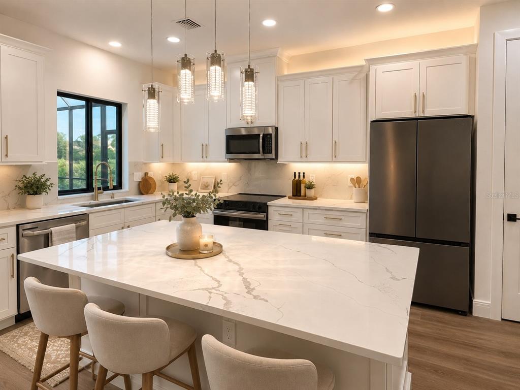 A modern kitchen features white cabinetry, a large marble-topped island, and stainless steel appliances — 32 SALUDA TERRACE, PORT CHARLOTTE, FL