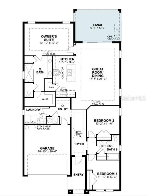 This floor plan shows a three-bedroom home with a garage, lanai, and open-concept living area — 20025 GOLDEN GLOW LOOP, VENICE, FL