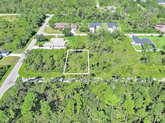 An aerial view shows a vacant, rectangular lot outlined in white amidst a wooded neighborhood — 105 MORDECAL STREET, PORT CHARLOTTE, FL