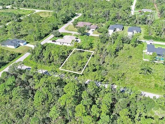 An aerial view shows a rectangular vacant lot outlined in white amidst a wooded area — 105 MORDECAL STREET, PORT CHARLOTTE, FL