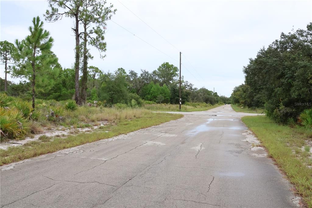 A paved road with cracks leads to an intersection surrounded by trees and brush — 3335 GERBER AVENUE, LAKE PLACID, FL