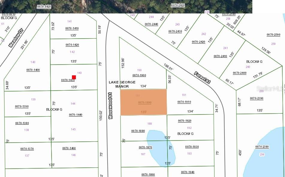 This is a property map showing parcel boundaries and street layouts for a residential area — 106 MOSSWOOD STREET, GEORGETOWN, FL