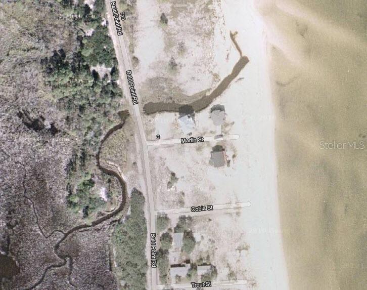 This aerial map shows coastal residential lots along Bald Point Road near the water — 3 MARLIN STREET, PANACEA, FL