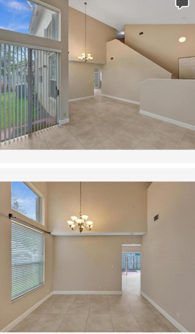 Two views of a high-ceilinged dining area with beige tile floors and a chandelier — 6034 NW 45th Way, Coconut Creek FL 33073, COCONUT CREEK, FL