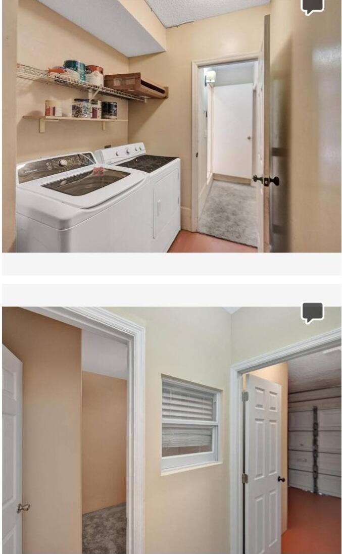 A laundry room with a washer and dryer, shelving, and a doorway leading to carpet — 6034 NW 45th Way, Coconut Creek FL 33073, COCONUT CREEK, FL