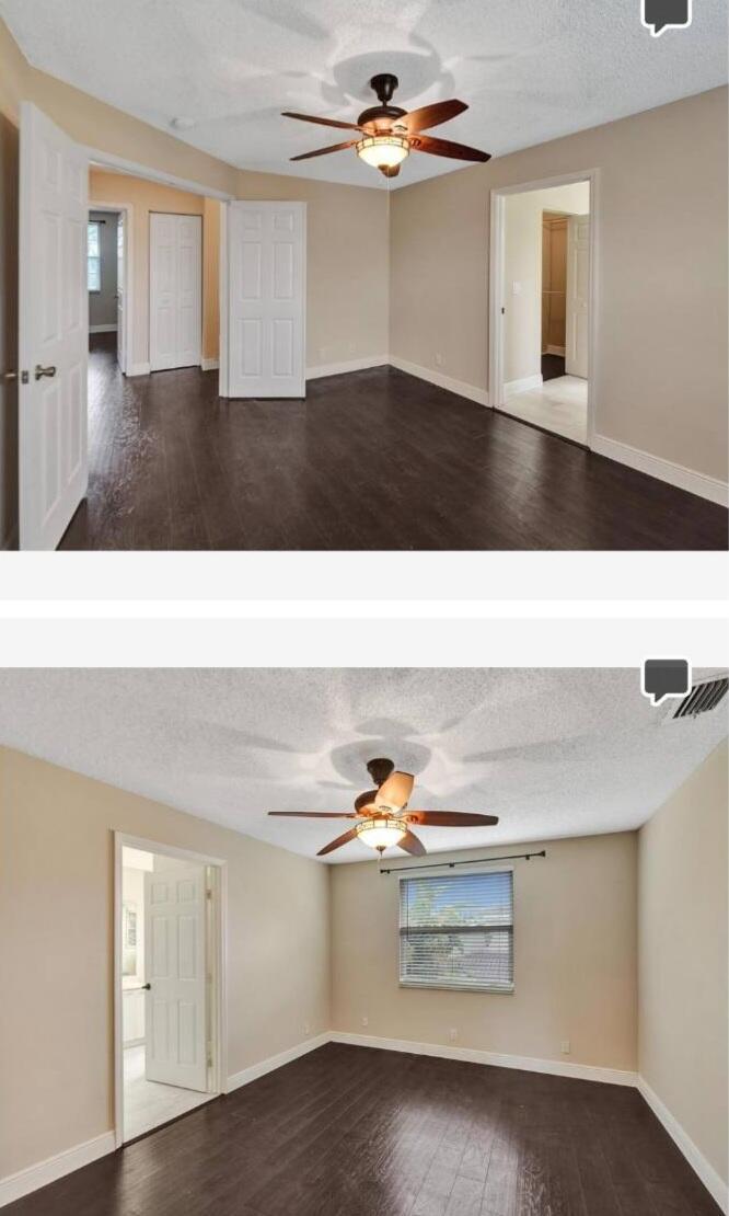 Two views of a bedroom featuring dark wood flooring, beige walls, and a ceiling fan — 6034 NW 45th Way, Coconut Creek FL 33073, COCONUT CREEK, FL
