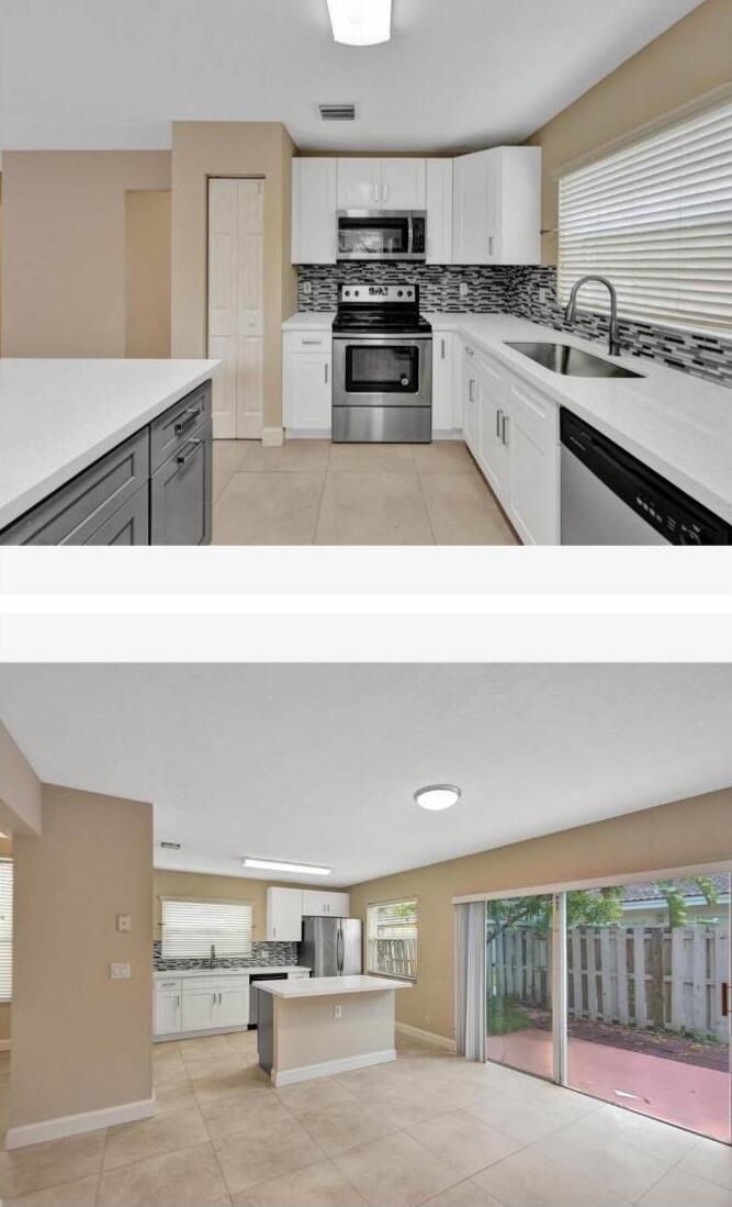 This kitchen features white cabinets, stainless steel appliances, a tiled backsplash, and light-colored floor tiles — 6034 NW 45th Way, Coconut Creek FL 33073, COCONUT CREEK, FL