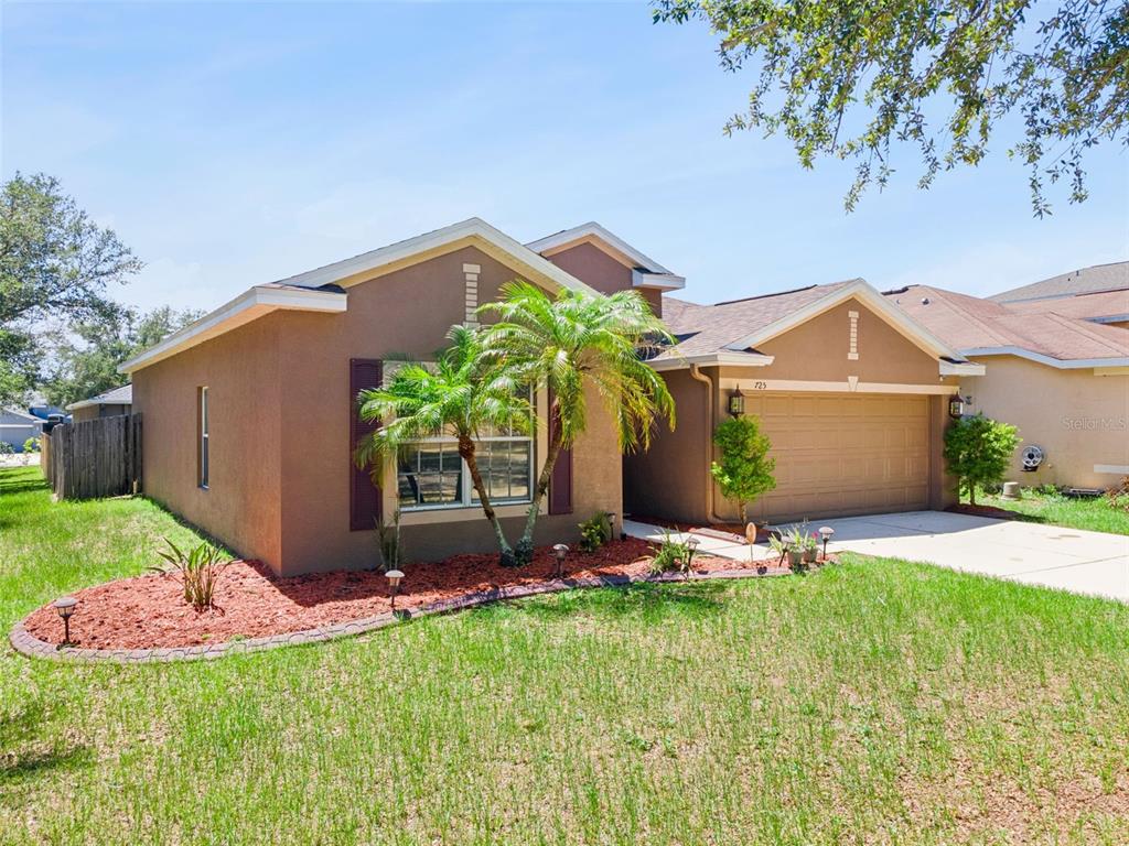 A single-story house with a brown stucco exterior, a two-car garage, and a palm tree — 725 STAR POINTE DRIVE, SEFFNER, FL