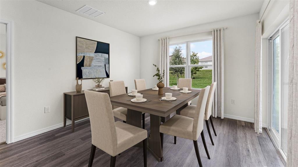 A dining room features a wooden table with six chairs, a sideboard, and sliding doors — 5175 NICKERBEAN STREET, APOPKA, FL