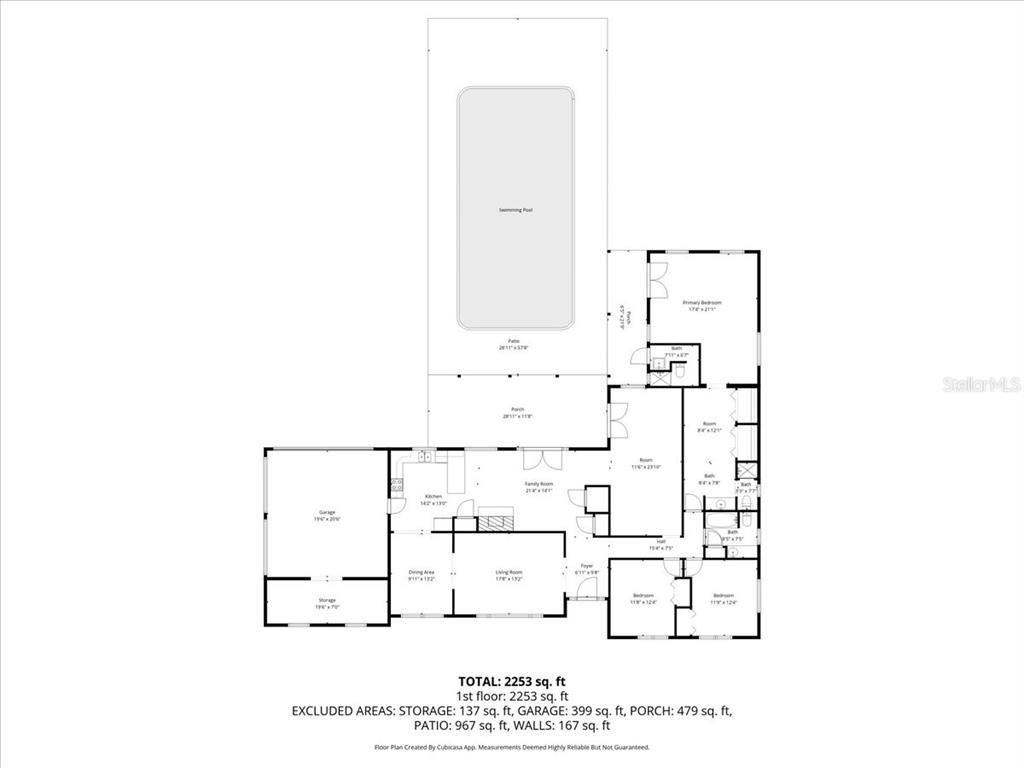 This is a floor plan for a single-story house featuring a pool and attached garage — 2009 SE 15TH LANE, OCALA, FL