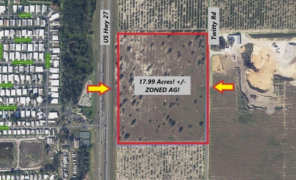 An aerial map shows a rectangular 17.99-acre plot of land bordered by two roads — 9610 US-27 S, SEBRING, FL