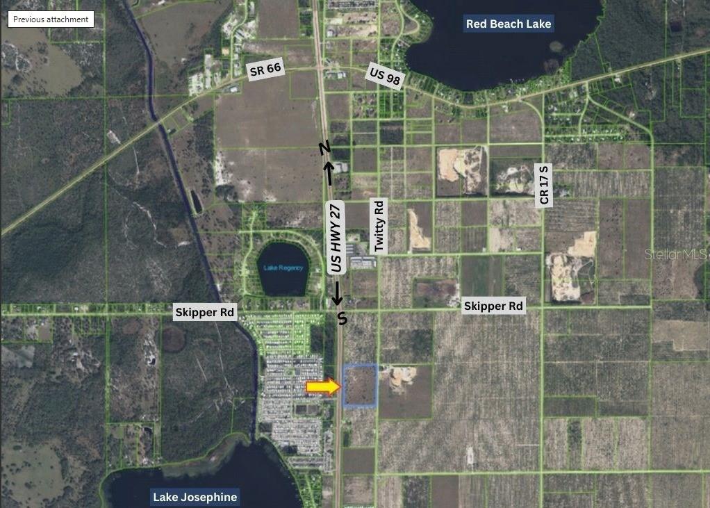 This map shows a land parcel highlighted in yellow near the intersection of US Highway 27 — 9610 US-27 S, SEBRING, FL