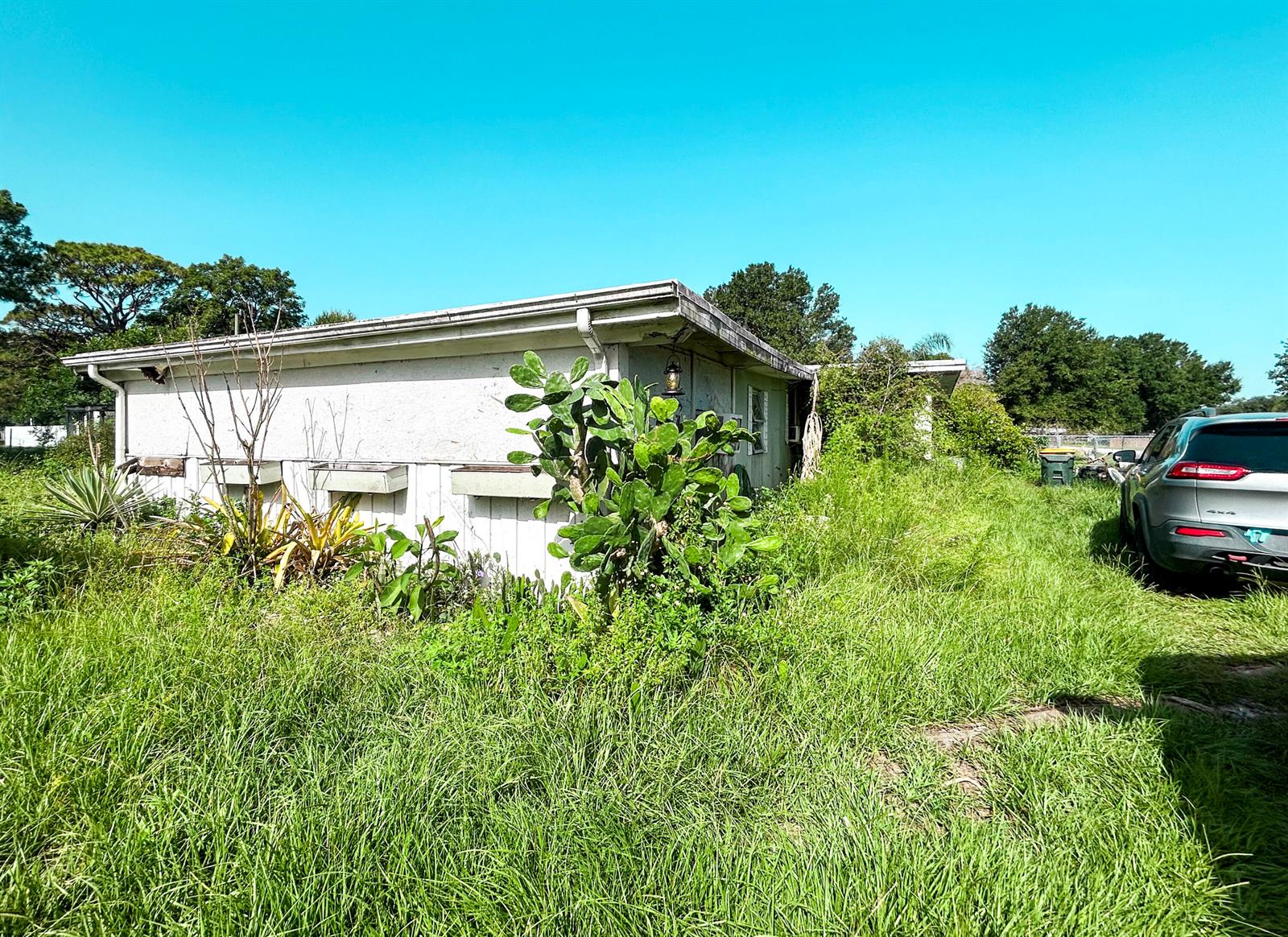 A low-slung house with a white exterior sits in a yard with tall, overgrown grass — 17202 Broadland Lane, Okeechobee FL 34974, OKEECHOBEE, FL