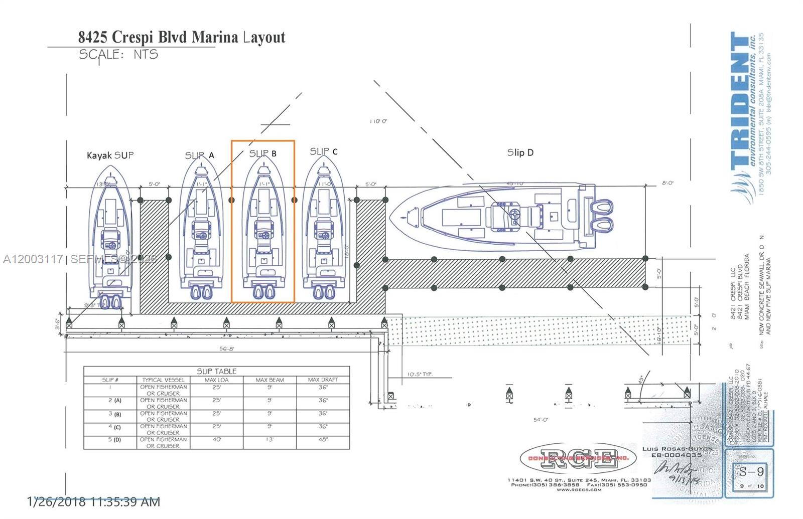 This is a technical site plan showing the layout and dimensions of five boat slips — 8425 Crespi Blvd, Miami Beach FL 33141, MIAMI BEACH, FL