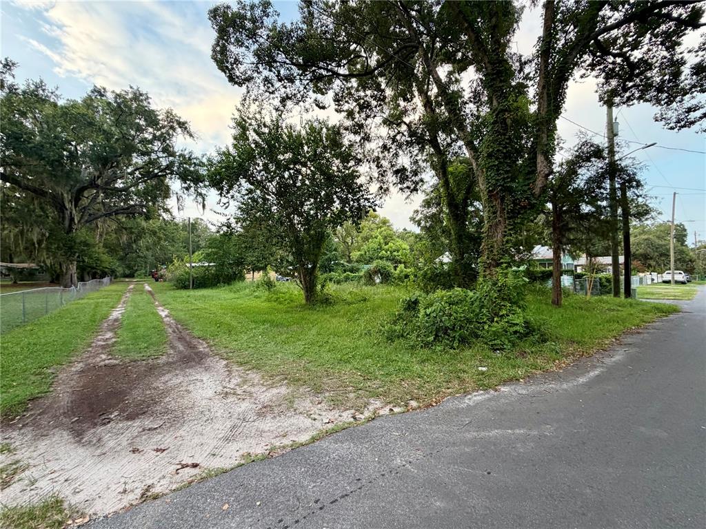 A grassy, tree-lined vacant lot sits at the corner of a paved road — XX NE 5TH AVENUE, GAINESVILLE, FL