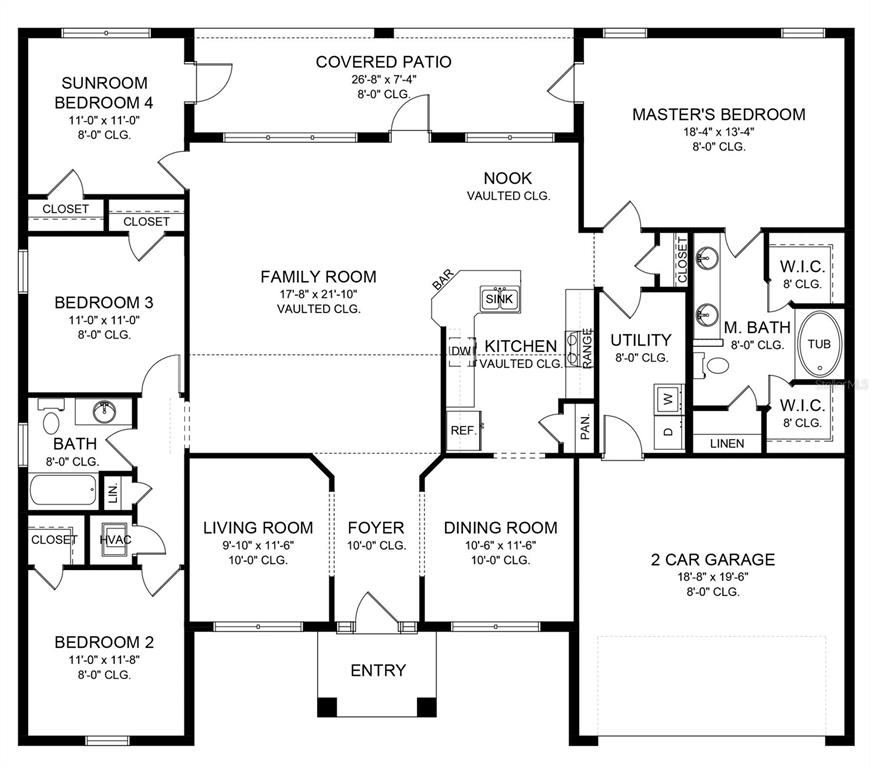 This is a floor plan for a single-story house with four bedrooms and a garage — 4315 ELWOOD ROAD, SPRING HILL, FL