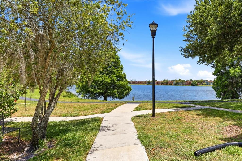 A paved walkway leads toward a lake with a lamp post and trees nearby — 9256 LAKE CHASE ISLAND WAY, TAMPA, FL