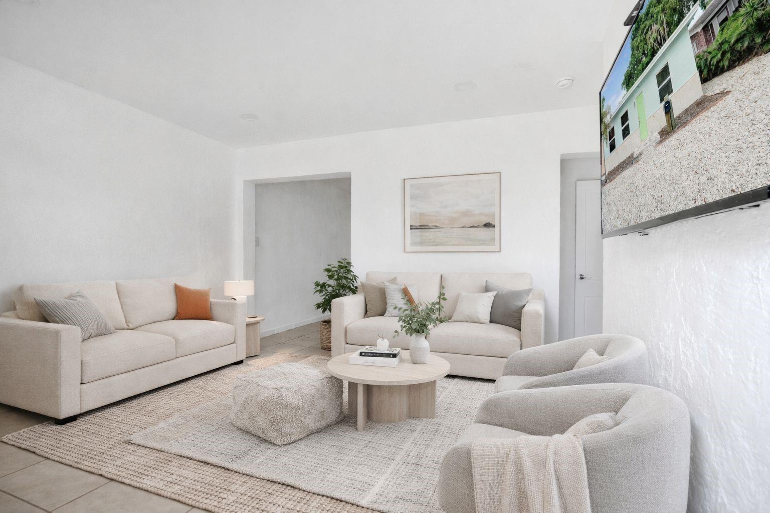 A bright living room featuring two beige sofas, two armchairs, and a central coffee table — 306 NE 13th Avenue, Pompano Beach FL 33060, POMPANO BEACH, FL