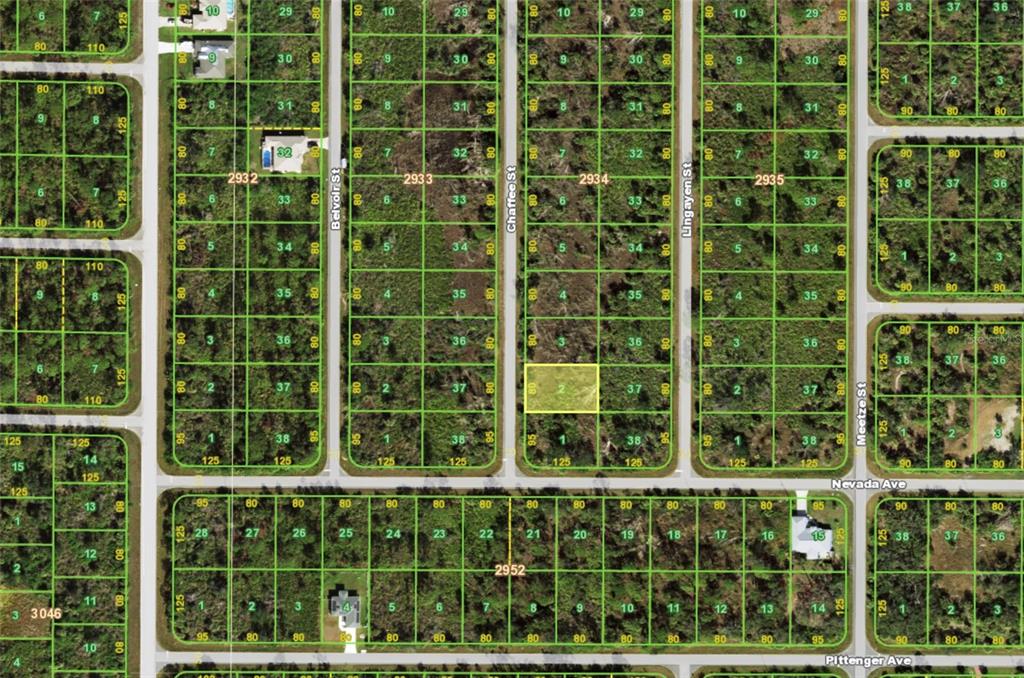 This is a map showing a highlighted vacant lot in a residential subdivision — 2176 CHAFFEE STREET, PORT CHARLOTTE, FL