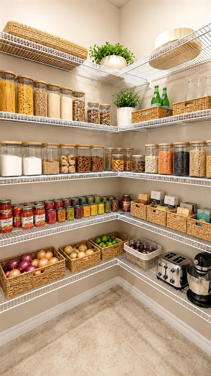 A walk-in pantry features white wire shelving stocked with organized food containers and woven baskets — 1562 GRAND RUE DRIVE, CASSELBERRY, FL