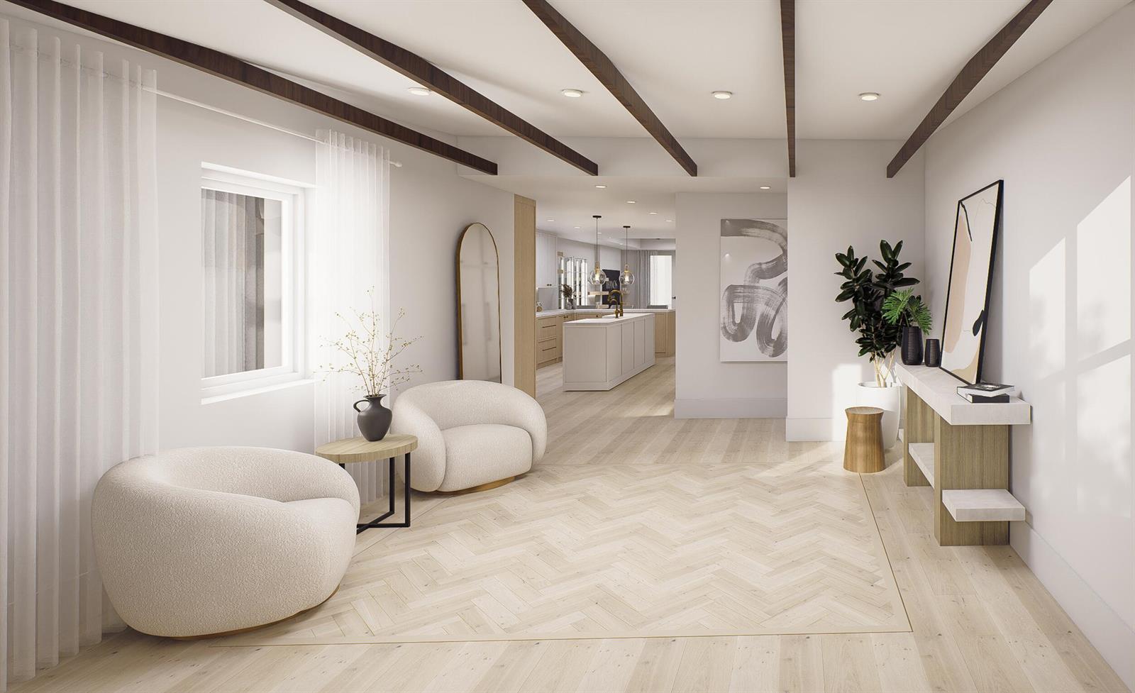 This rendering shows a bright living area with herringbone wood floors and exposed ceiling beams — 829 Biscayne Drive, West Palm Beach FL 33401, WEST PALM BEACH, FL