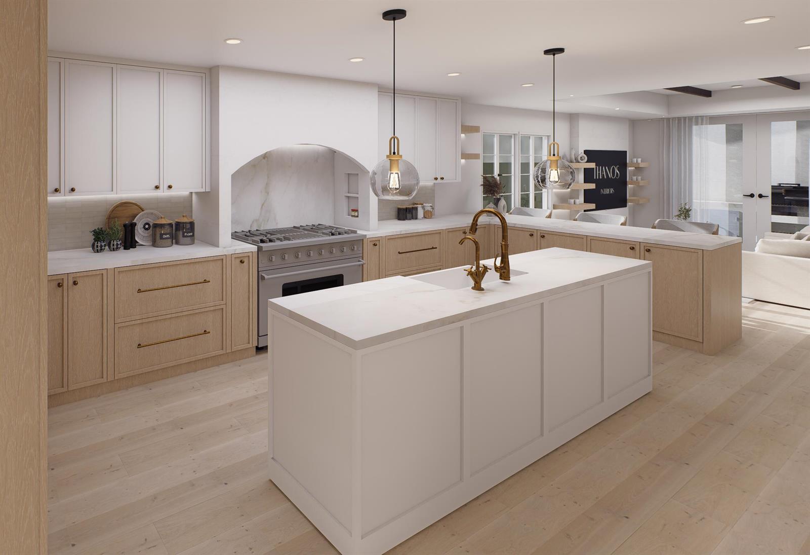 This rendering shows a kitchen with a white island, light wood cabinets, and brass fixtures — 829 Biscayne Drive, West Palm Beach FL 33401, WEST PALM BEACH, FL