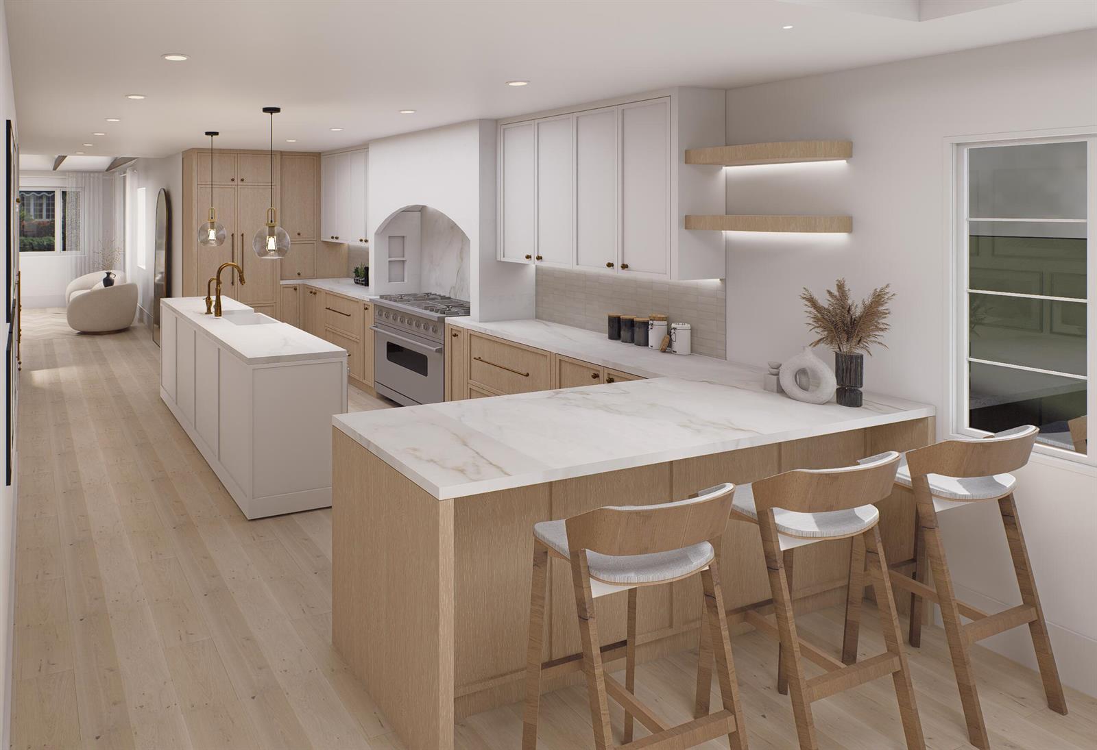 This rendering shows a modern kitchen with light wood cabinetry, white countertops, and bar seating — 829 Biscayne Drive, West Palm Beach FL 33401, WEST PALM BEACH, FL