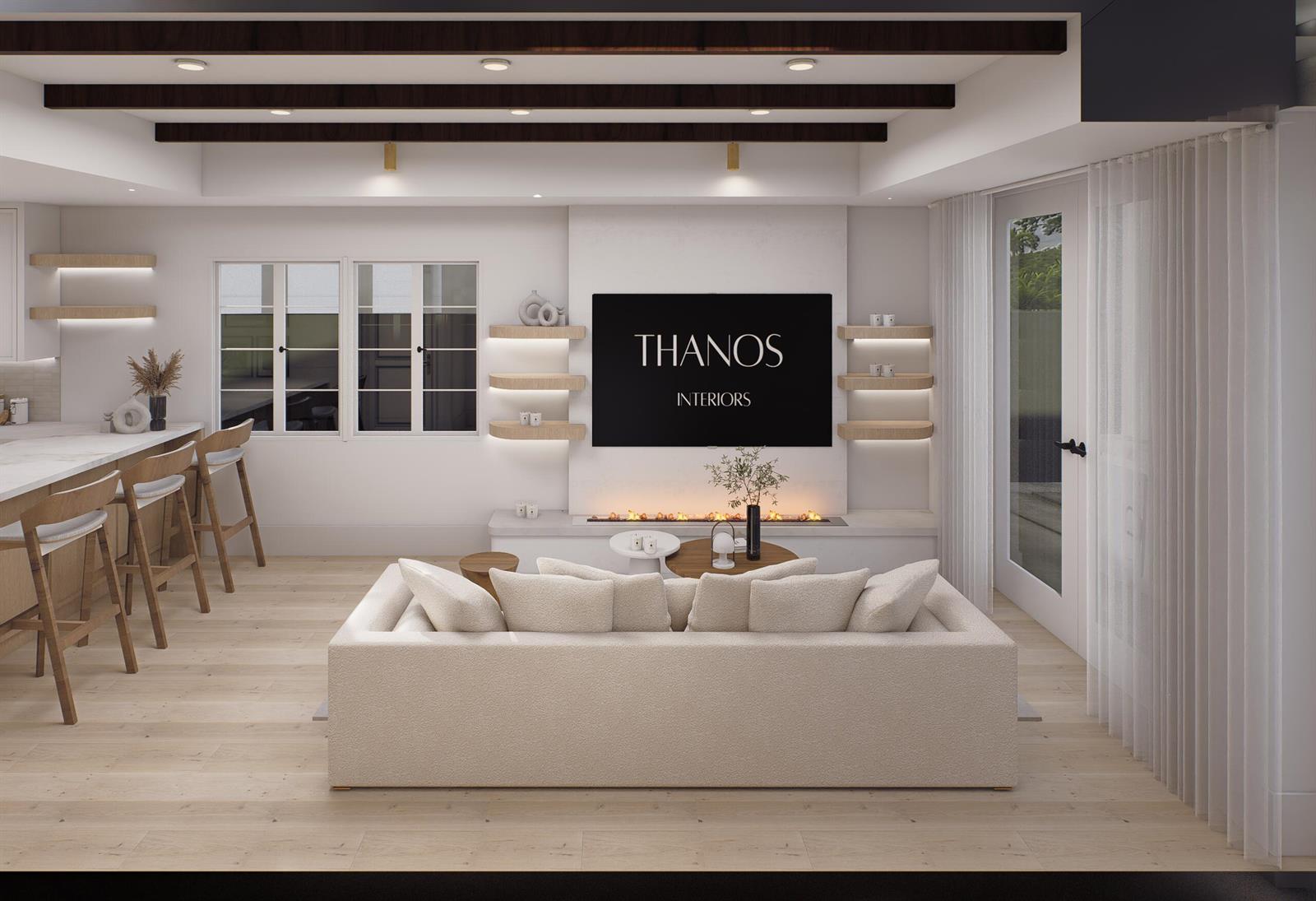 This is a rendering of a modern living room featuring a fireplace, floating shelves, and beams — 829 Biscayne Drive, West Palm Beach FL 33401, WEST PALM BEACH, FL