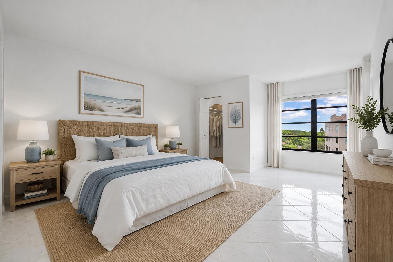 A bright bedroom features a woven headboard, a blue throw blanket, and a large window — 14475 Strathmore Lane # 707, Delray Beach FL 33446, DELRAY BEACH, FL