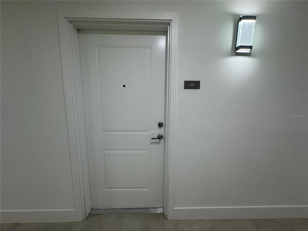 A white apartment door with a peephole and a wall-mounted light fixture above it — 5579 MILLENIA PARK BOULEVARD UNIT 322, ORLANDO, FL