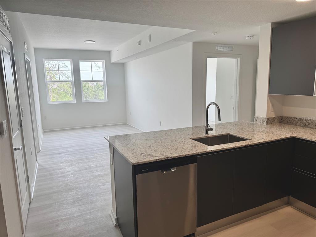 A kitchen with dark cabinets and granite countertops overlooks an empty living area with windows — 5579 MILLENIA PARK BOULEVARD UNIT 322, ORLANDO, FL